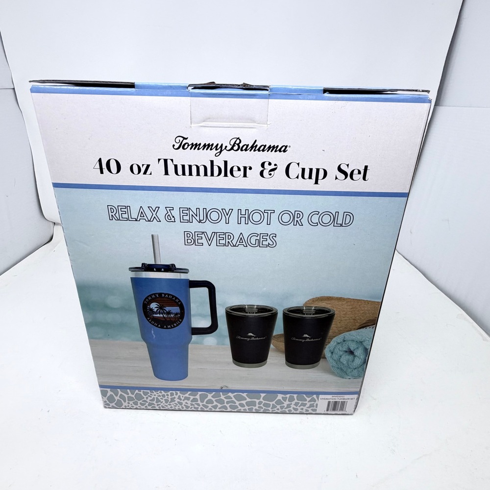 Tommy Bahama 40 oz Tumbler 12 oz Cups Set 3 Pc Stainless Steel Insulated Blue